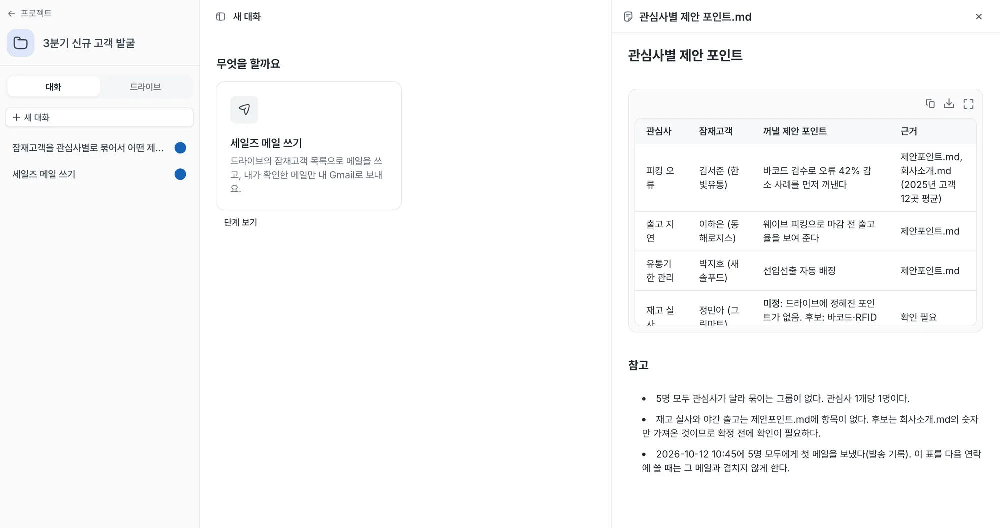 프로젝트 화면. 가운데에 세일즈 메일 쓰기 버튼, 오른쪽에 드라이브의 파일이 열려 있어요.
